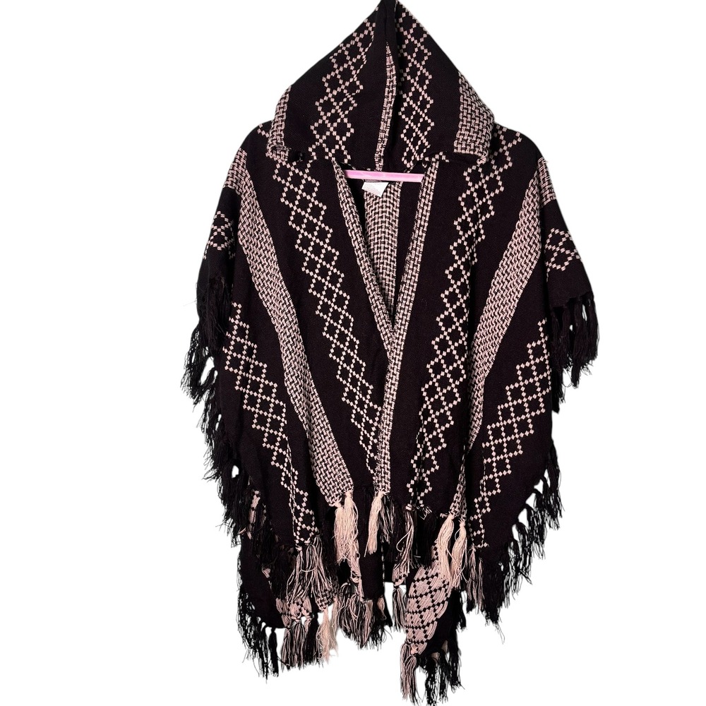 Hooded Black Geometric Print Poncho/Shawl‎ with Fringe Size Medium